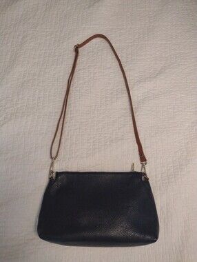Valentina Black Crossbody Bag Pebbled Leather Made in Italy Tan Strap Gold Tone
